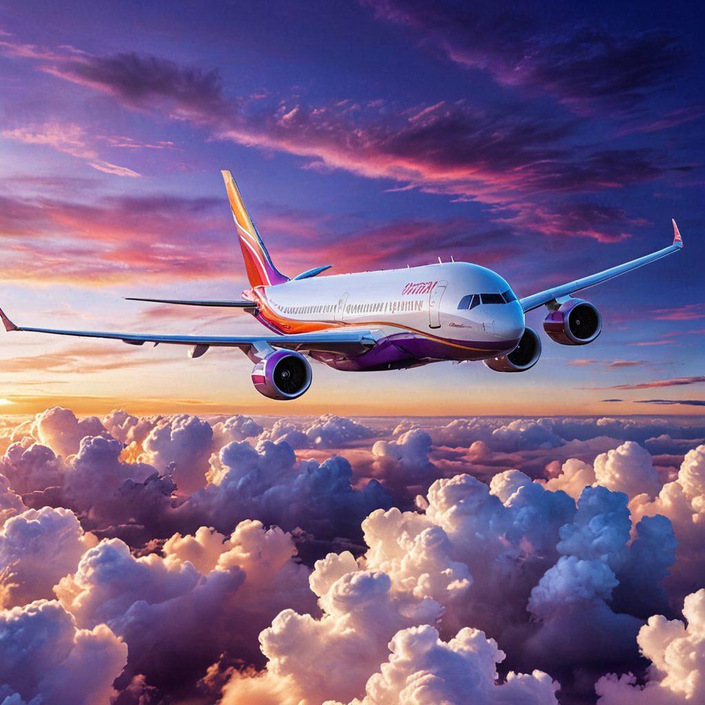 A sleek modern airplane soaring high above the clouds, with a breathtaking sunset in the background and a clear view of the horizon. Small icons representing travel, adventure, and tips subtly integrated into the scene. Vibrant colors capturing the thrill of aviation and travel. A sense of motion and excitement. super-realistic. vibrant colors.