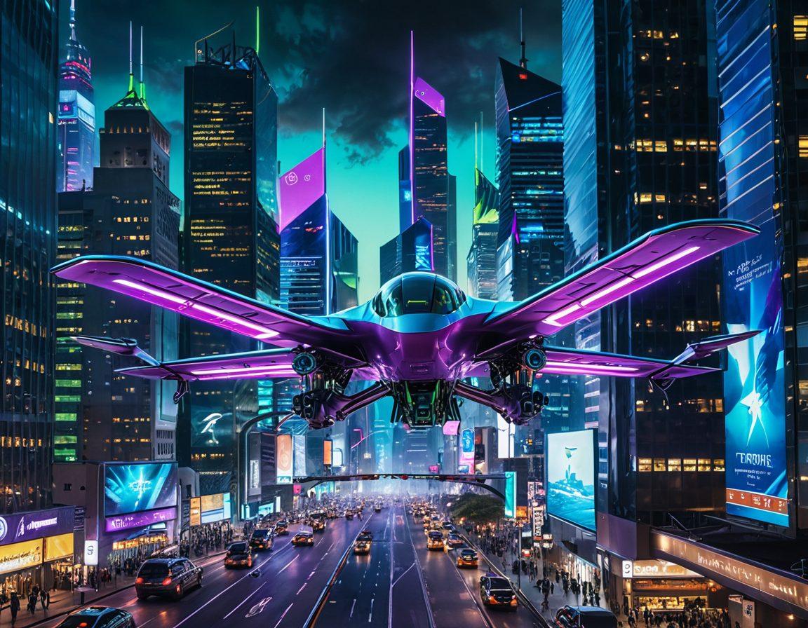 A futuristic airplane with sleek, aerodynamic design flying above a city with modern skyscrapers made of glass and steel, glowing with advanced technology. The sky is filled with flying drones and air taxis, showcasing various innovations. The colors should be vibrant, emphasizing the technological advancements in aviation. cyberpunk. vibrant colors. detailed imagery.
