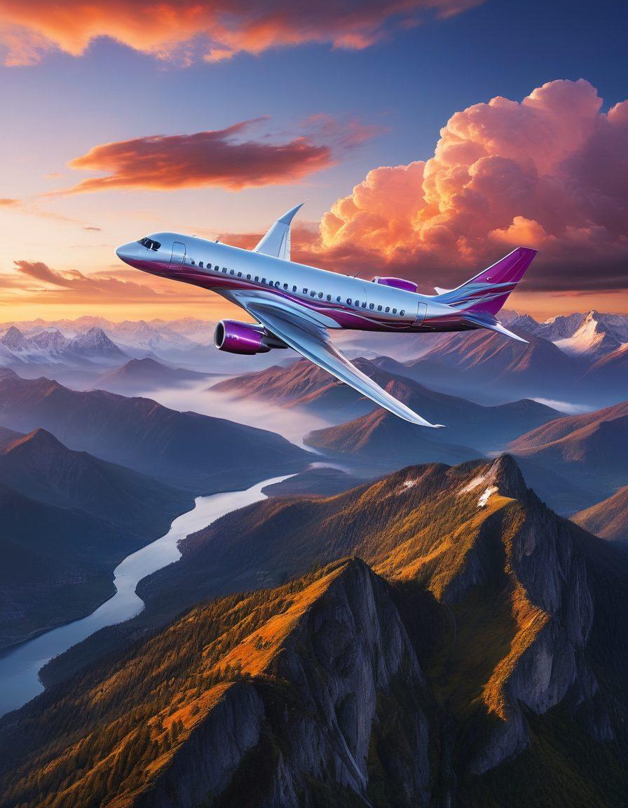 A stunning aerial view of a sleek airplane flying over majestic mountains at sunrise, with ethereal clouds and a vibrant, colorful sky. Inside the airplane, passengers are looking out of the windows, amazed by the breathtaking scenery below. Super-realistic. Vibrant colors. Immersive details. White background.